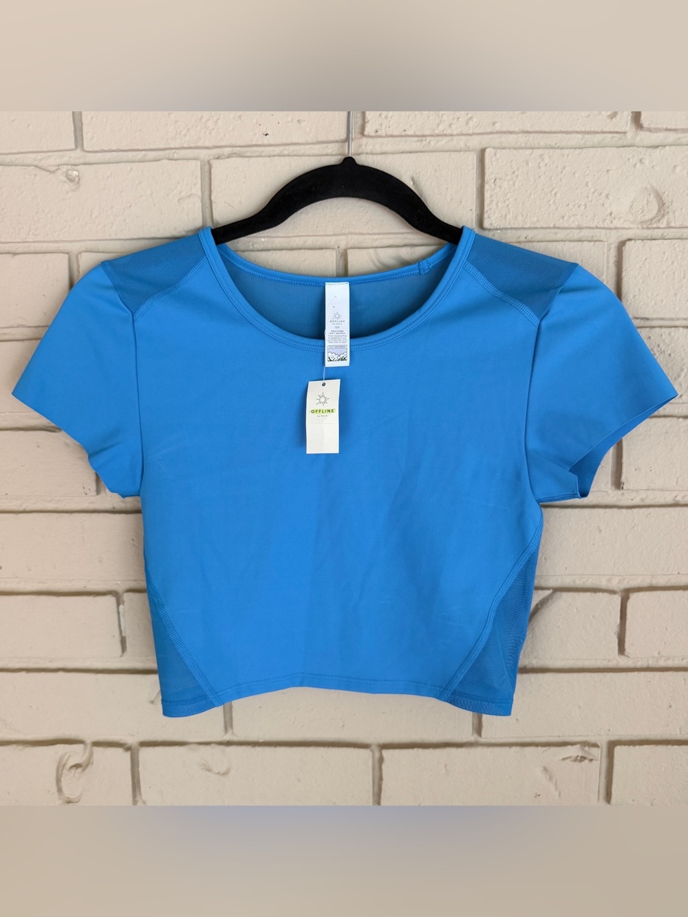 NEW Aerie Offline Womens Mesh Back Crop Top Shirt Size S Blue Activewear NWT